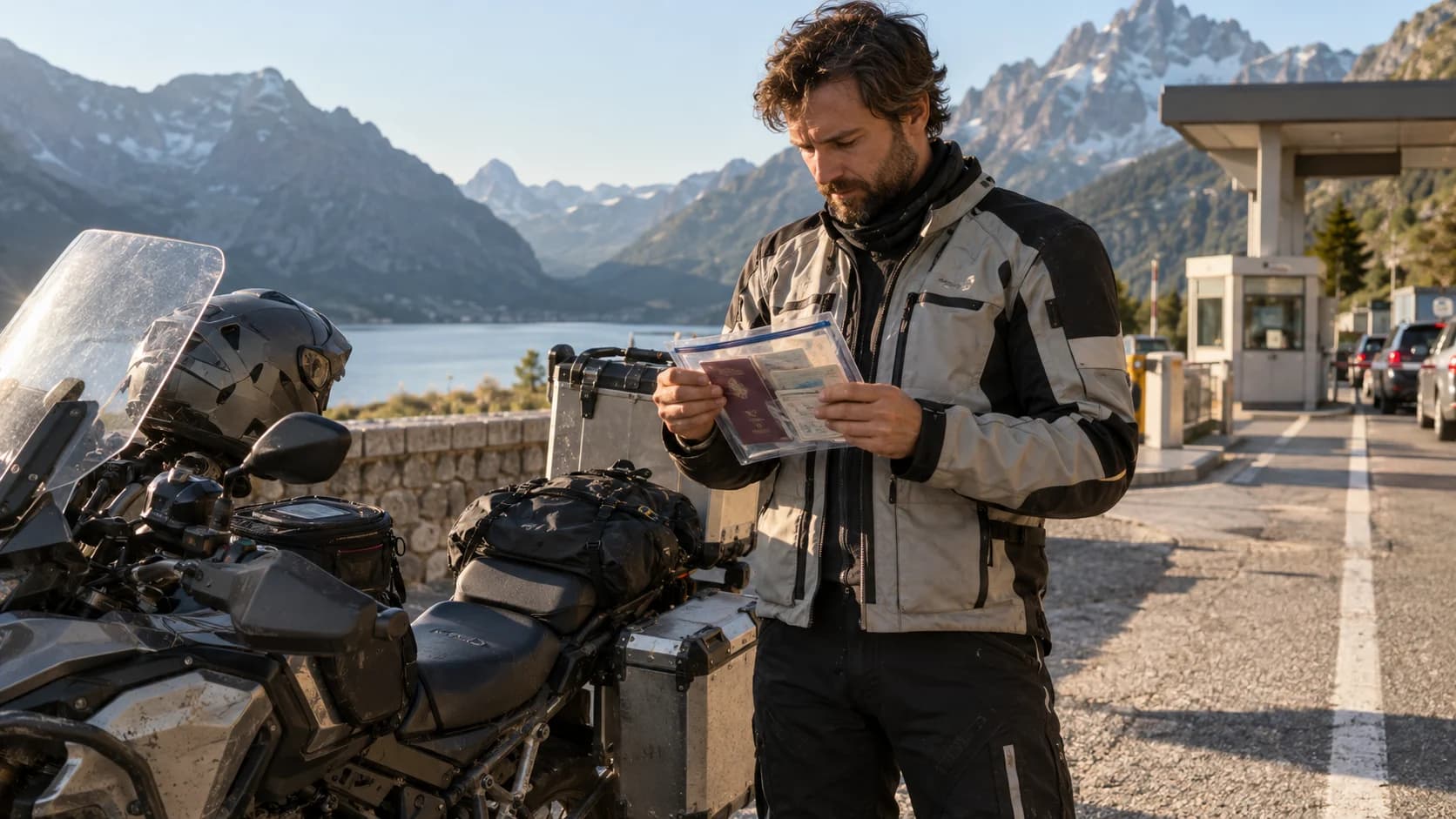 motociclist cu documente de călătorie lângă o motocicletă touring