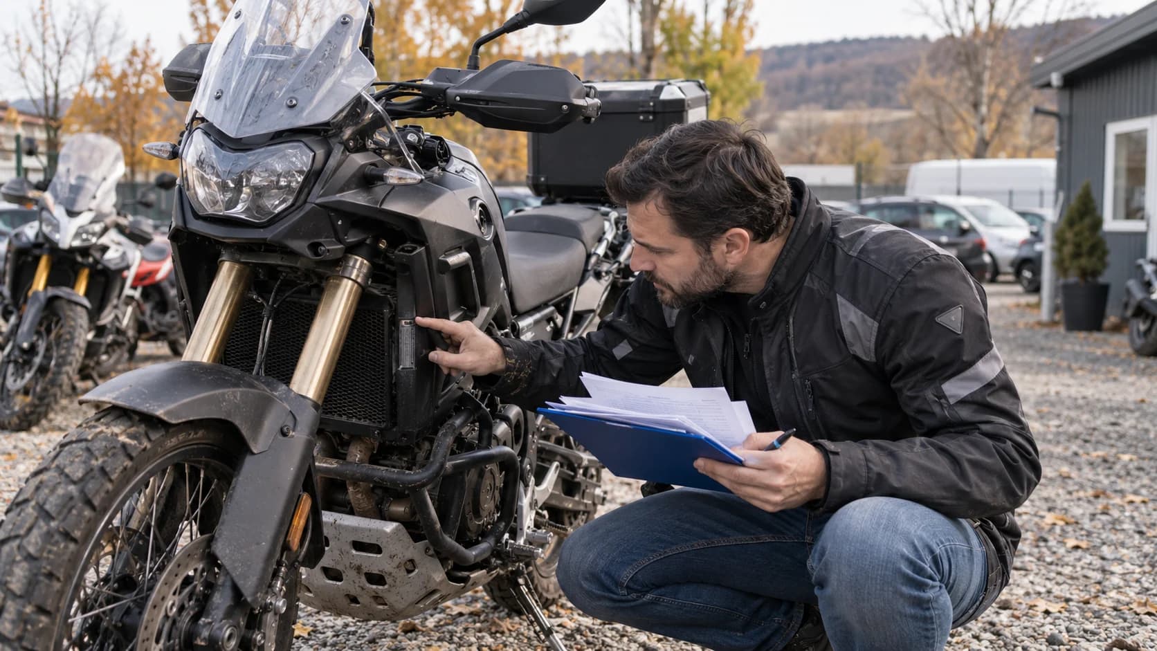 Cumpărător verificând acte lângă o motocicletă second-hand