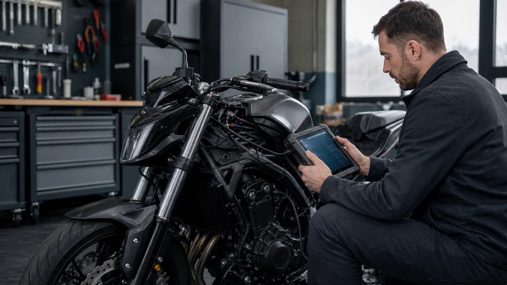Tehnician folosind o tabletă de diagnoză lângă o motocicletă într-un atelier