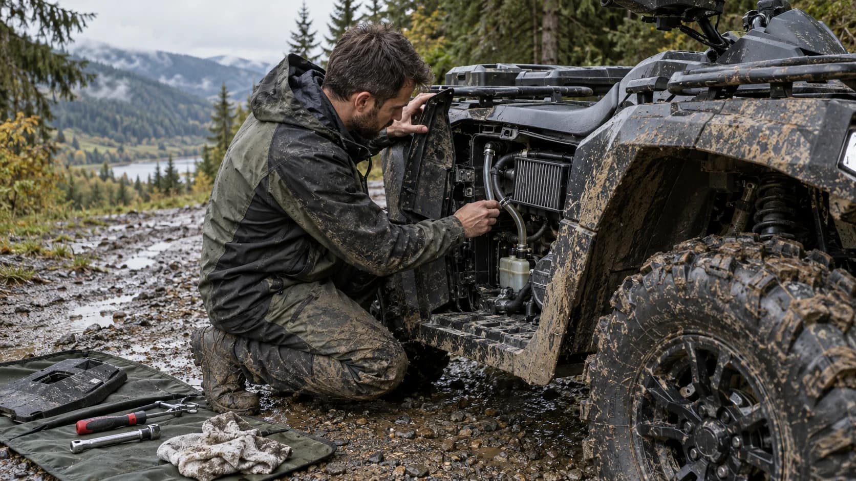 Rider verificând admisia și furtunurile unui ATV murdar după ploaie