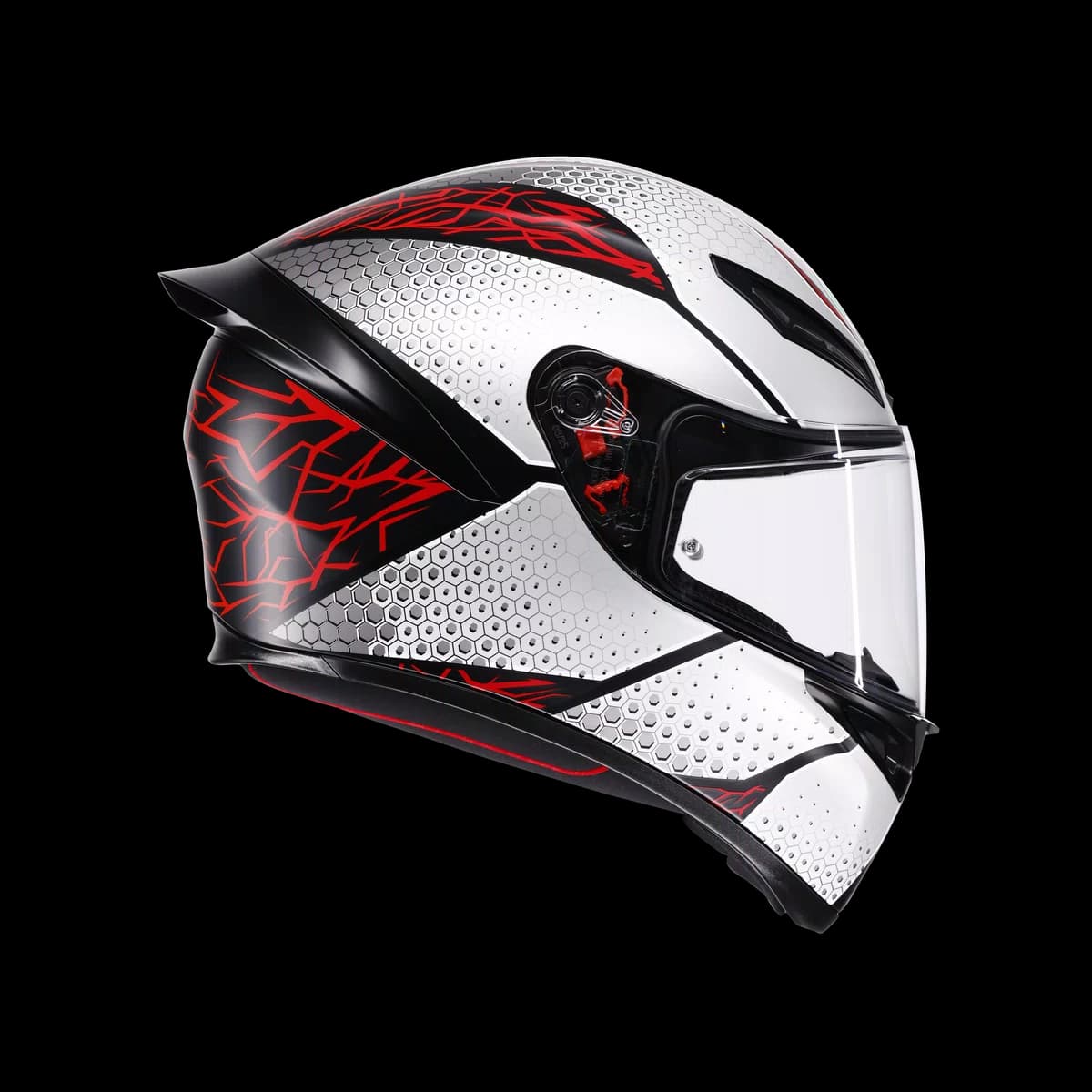 Cască integrală AGV K5 albă cu grafică neagră și roșie