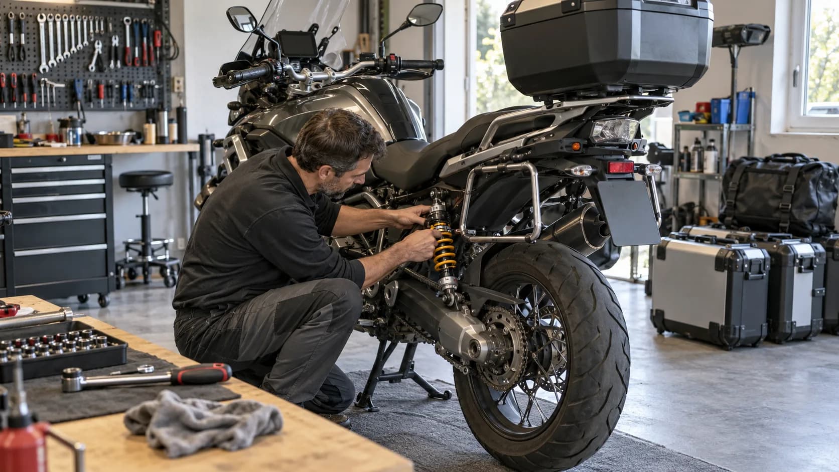 Mecanic reglează amortizorul spate al unei motociclete touring fără sigle într-un garaj curat, foto realistă