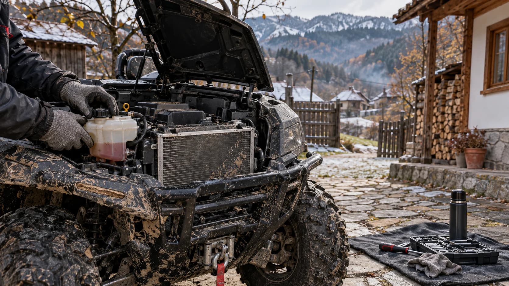 ATV utilitar într-o curte rurală de munte, cu capota deschisă pentru verificarea răcirii