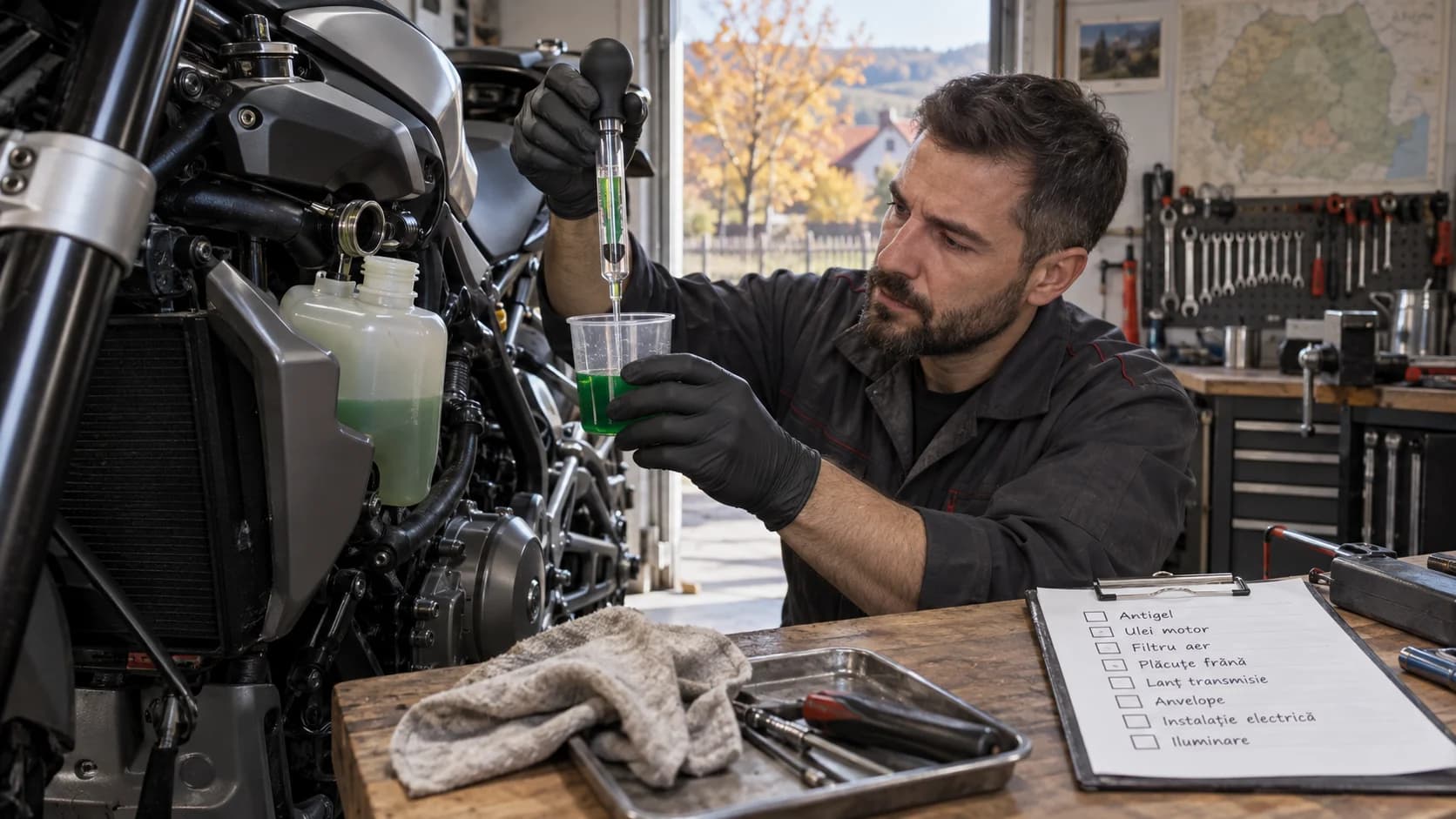 Mecanic care verifică lichidul de răcire al unei motociclete într-un service