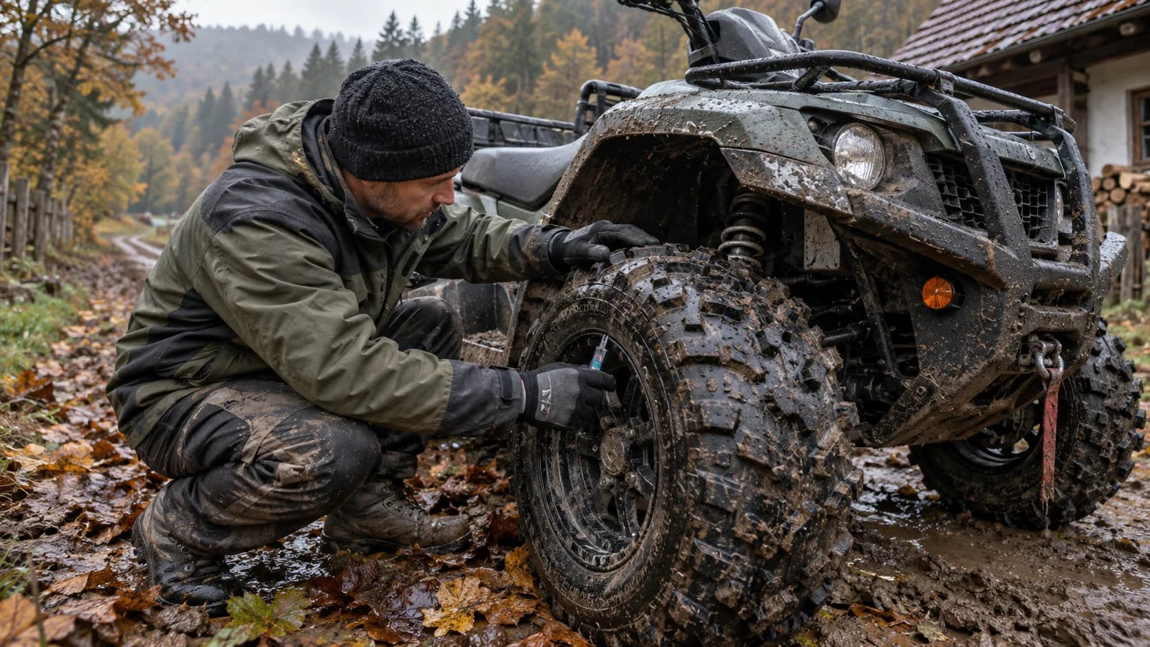 Anvelopă de ATV plină de noroi verificată înainte de sezonul rece