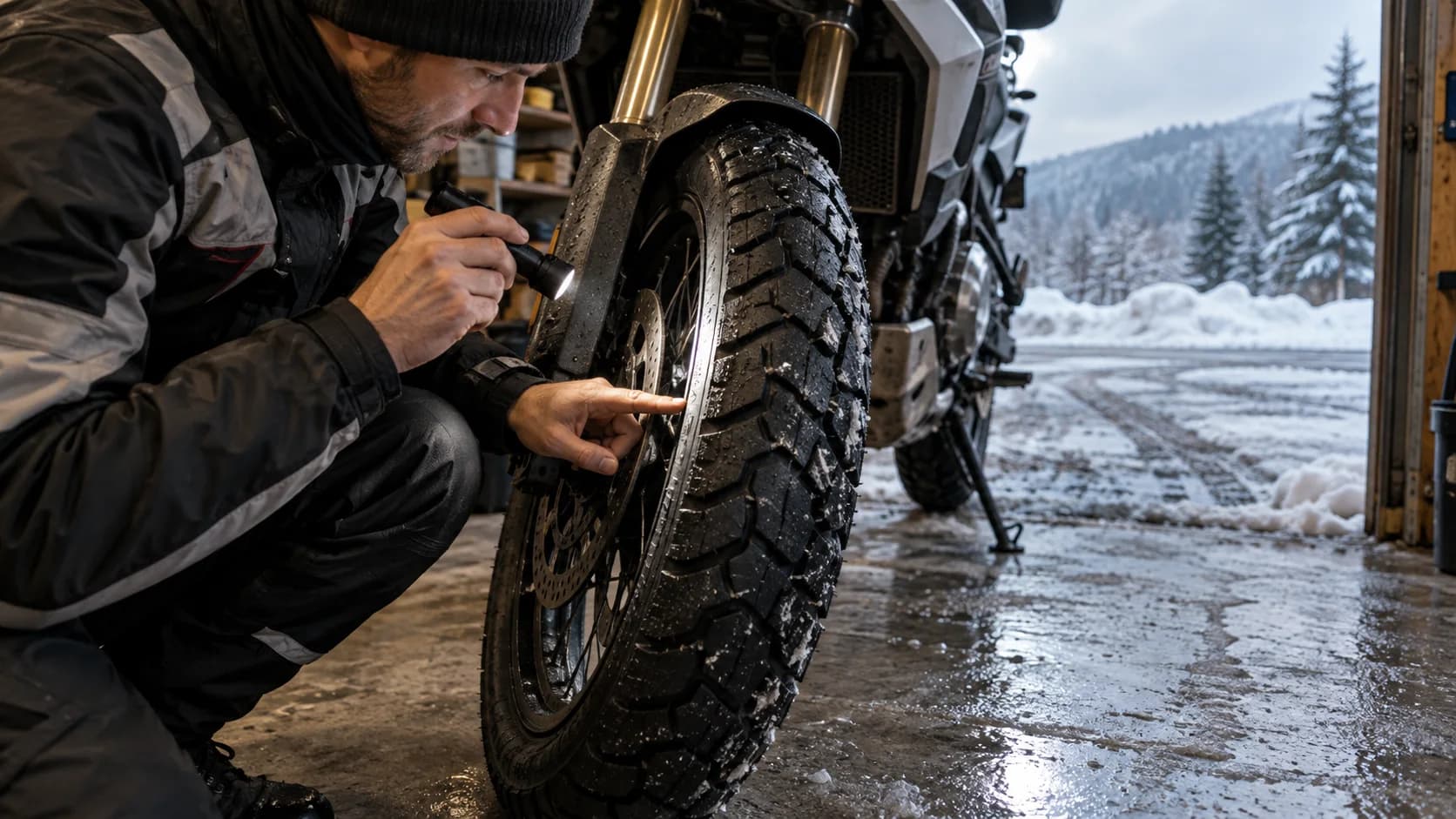 anvelopă de motocicletă cu profil adânc lângă o porțiune de drum cu zăpadă murdară