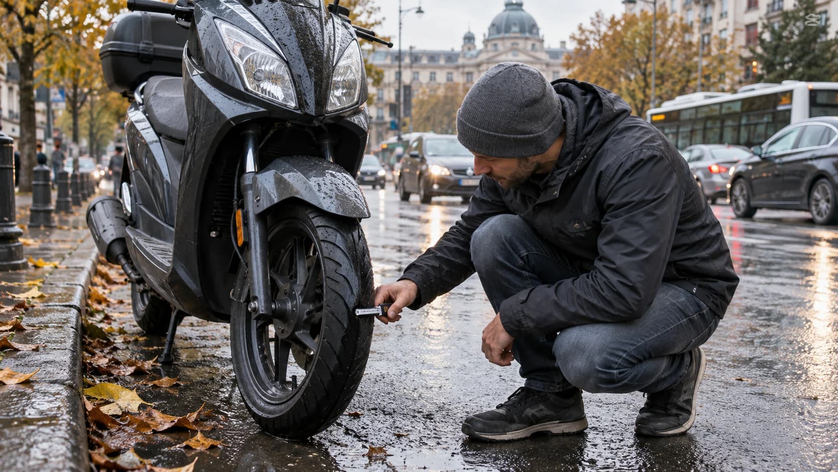 scuter urban verificat la anvelopa față pe asfalt ud