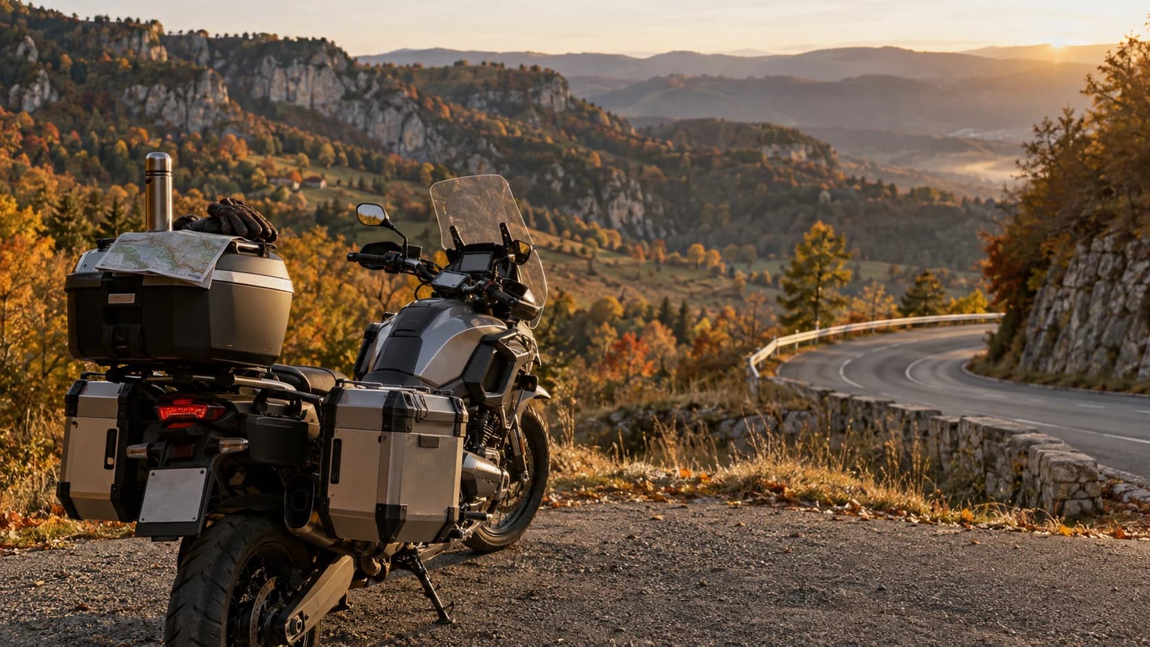 Motocicletă touring pe un drum de munte din Apuseni la apus
