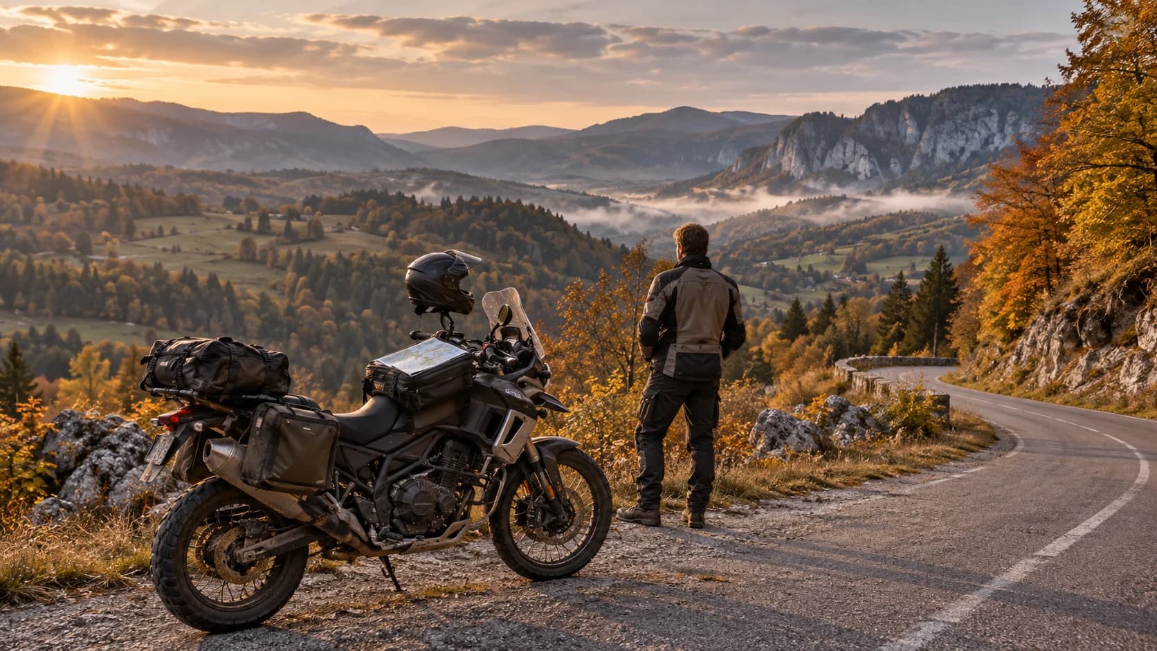 motocicletă touring oprită pe un drum din Munții Apuseni la apus