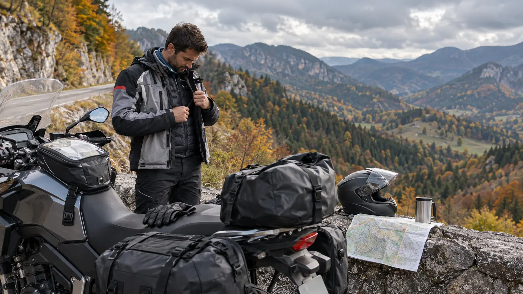 Motocicletă touring pregătită cu bagaje pe un drum de munte din Apuseni
