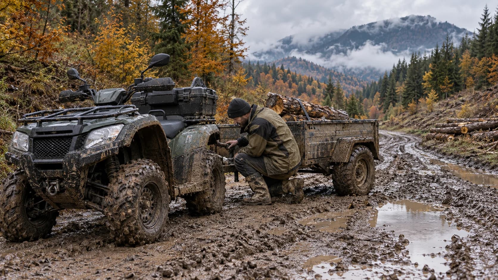 ATV utilitar cu remorcă verificat pe un drum forestier plin de noroi