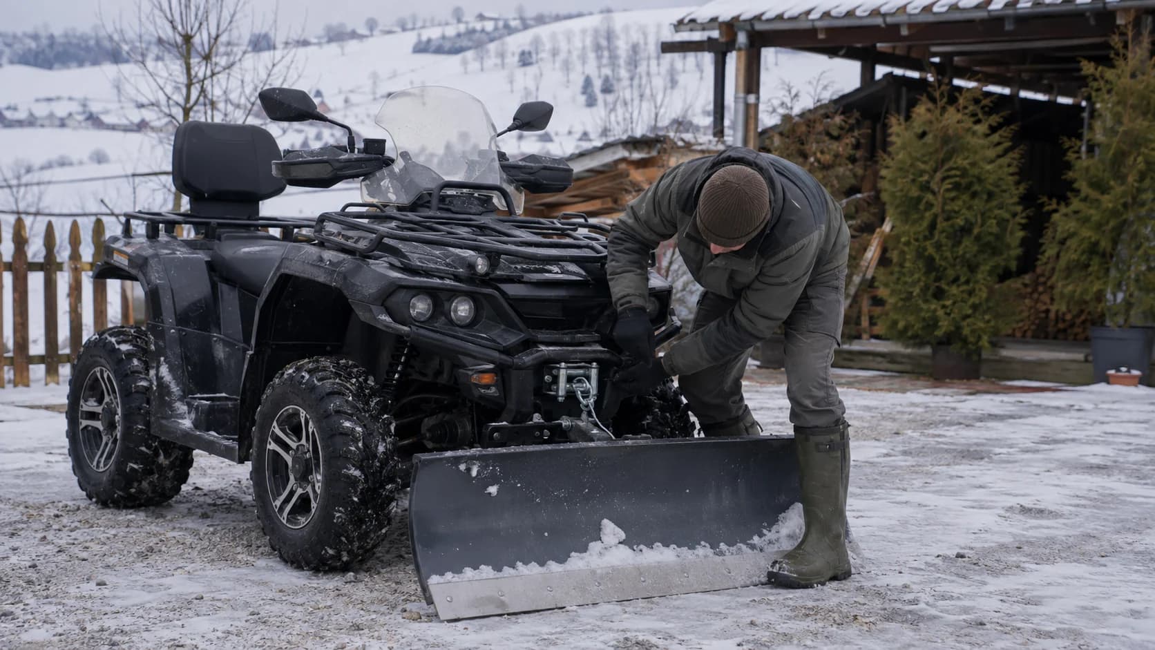 ATV utilitar cu lamă de zăpadă inspectat într-o curte rurală iarna