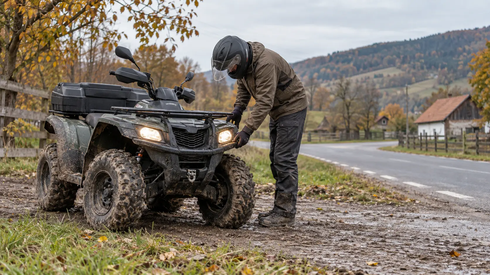 ATV utilitar murdar verificat lângă un drum asfaltat de țară
