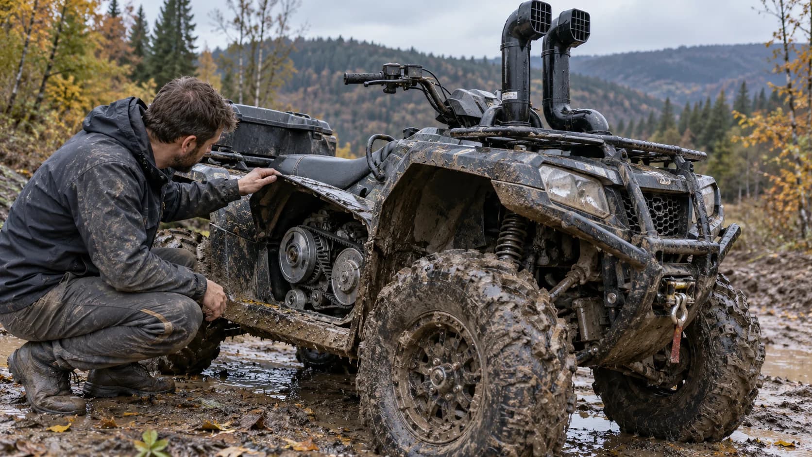 Scenă editorială cu ATV second-hand cu snorkel pe un drum din România, fără text vizibil