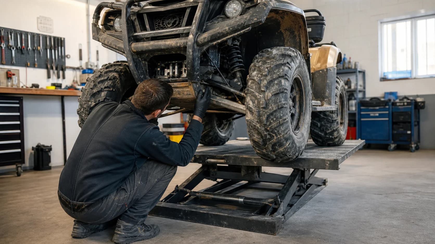 Mecanic inspectând suspensia și partea inferioară a unui ATV rulat într-un atelier