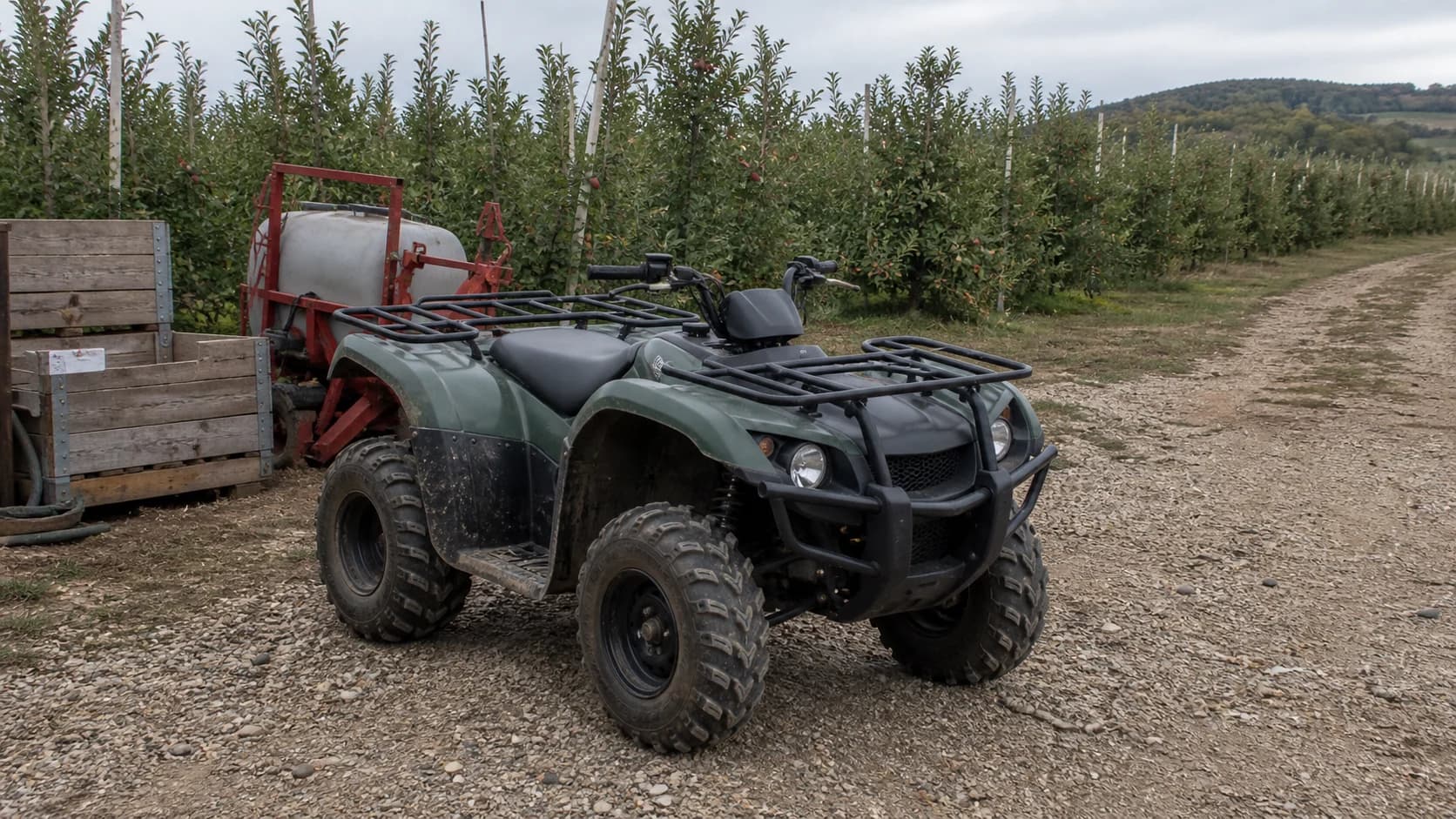 ATV utilitar cu portbagaje metalice, fotografiat pe un drum de exploatare dintr-o livadă