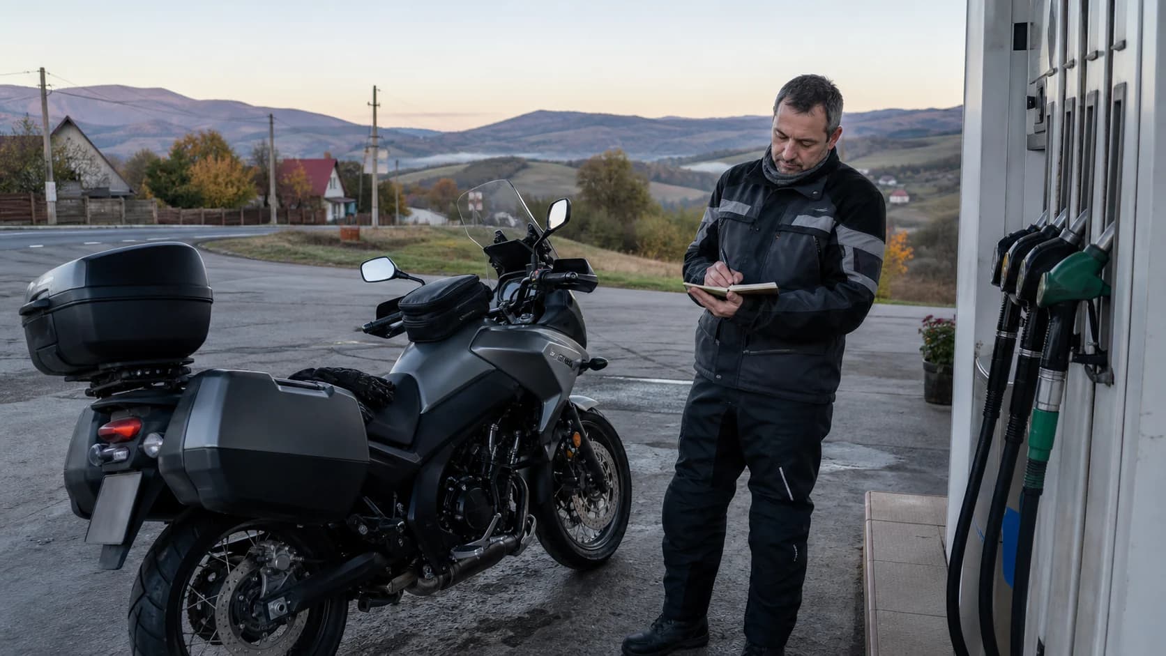 Motociclist notând consumul lângă o motocicletă de touring la o stație de alimentare