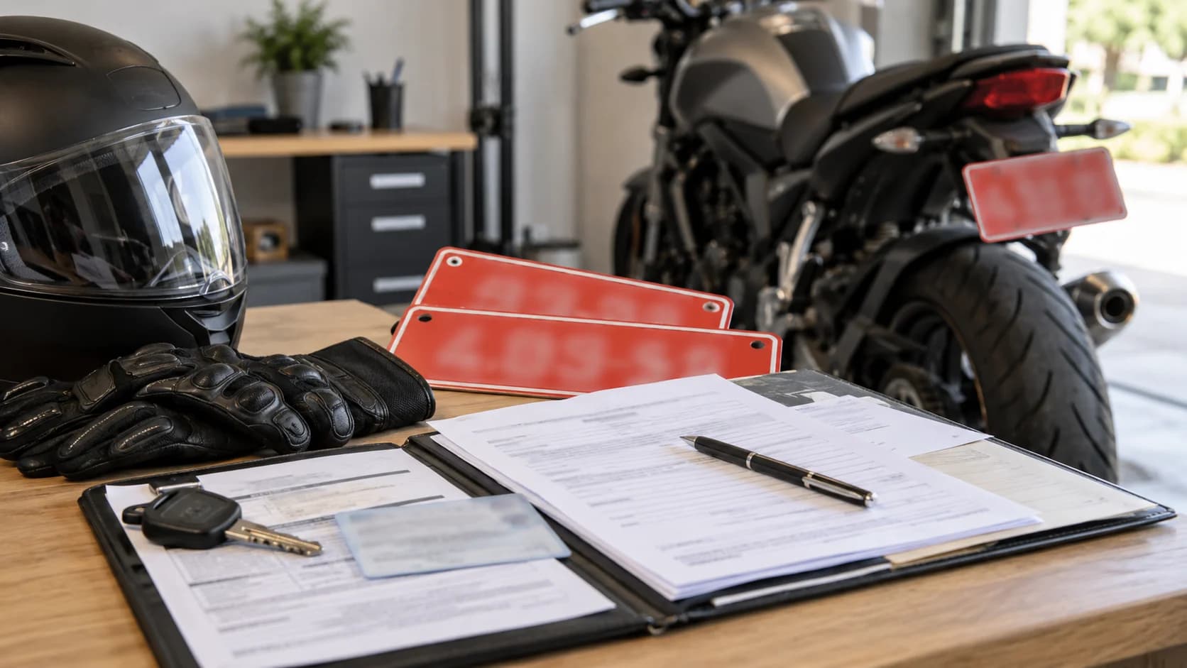 Documente și plăcuțe provizorii pregătite lângă o motocicletă