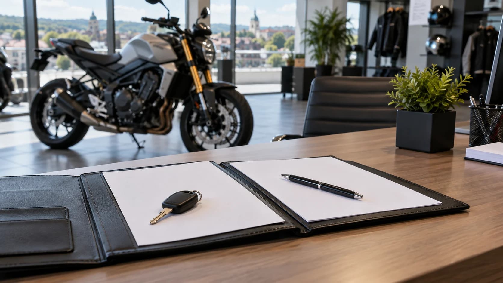 Birou de showroom moto cu documente albe și cheie fără siglă