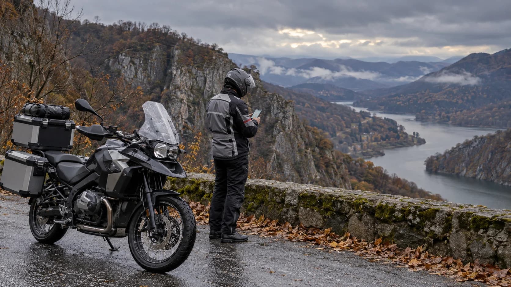Motocicletă touring oprită la un punct de belvedere pe drum umed de toamnă
