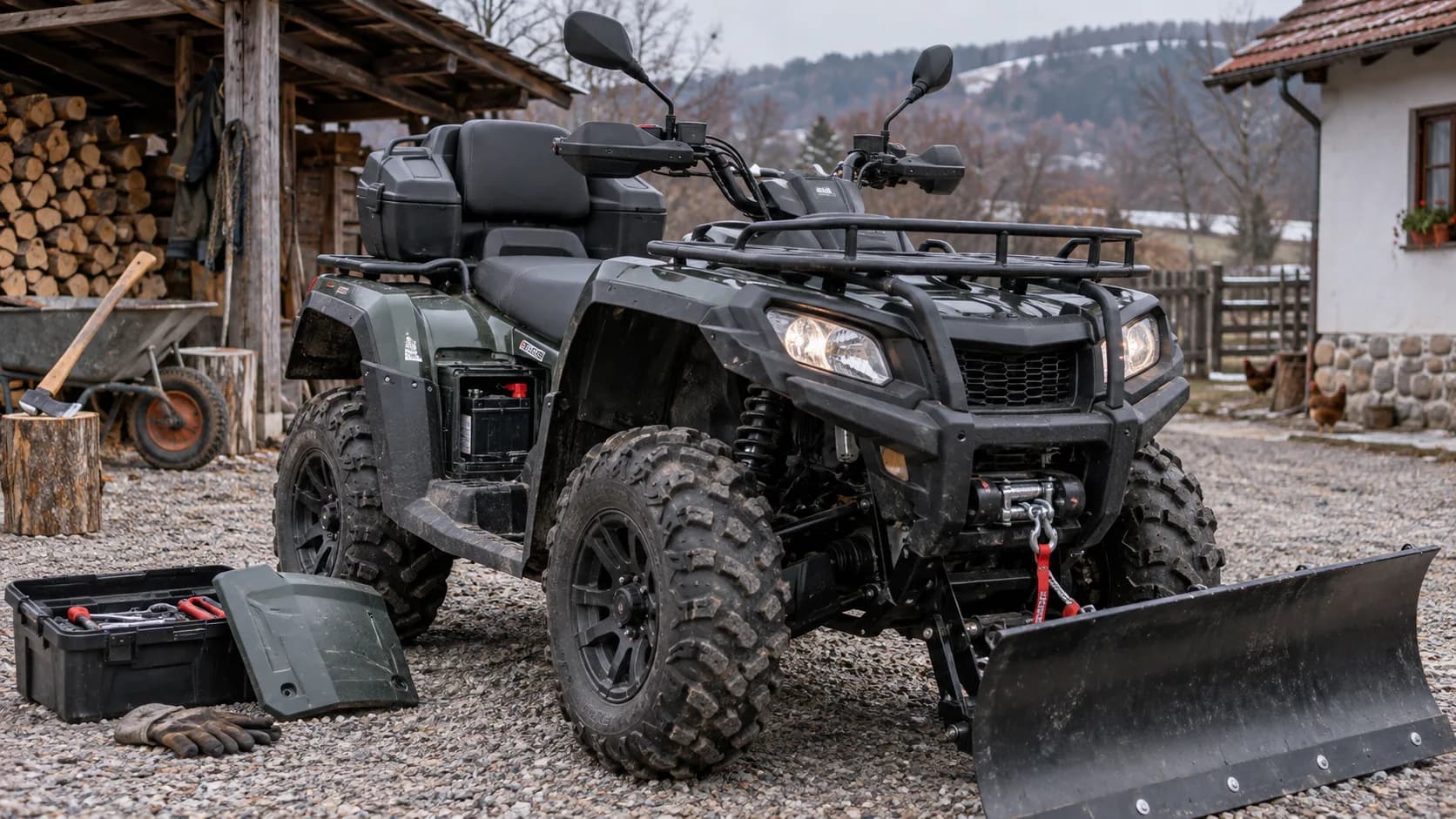 ATV utilitar cu troliu și lamă pregătit într-o curte rurală pentru iarnă