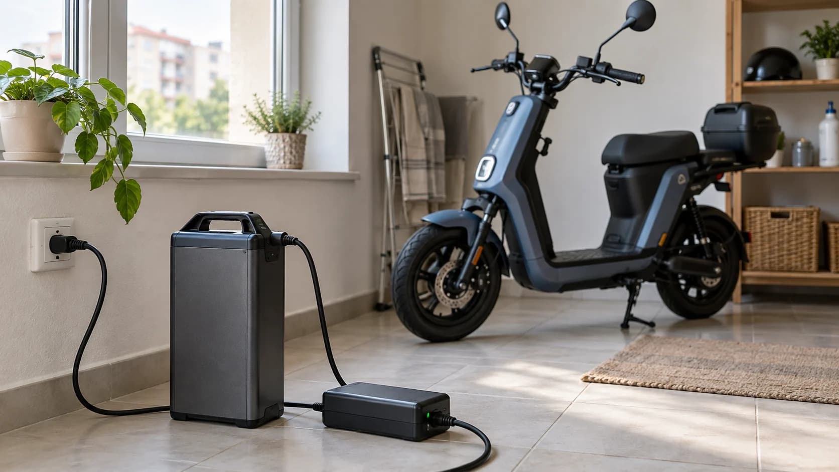 Baterie detașabilă de scuter electric încărcată într-un apartament, cu scuterul în fundal