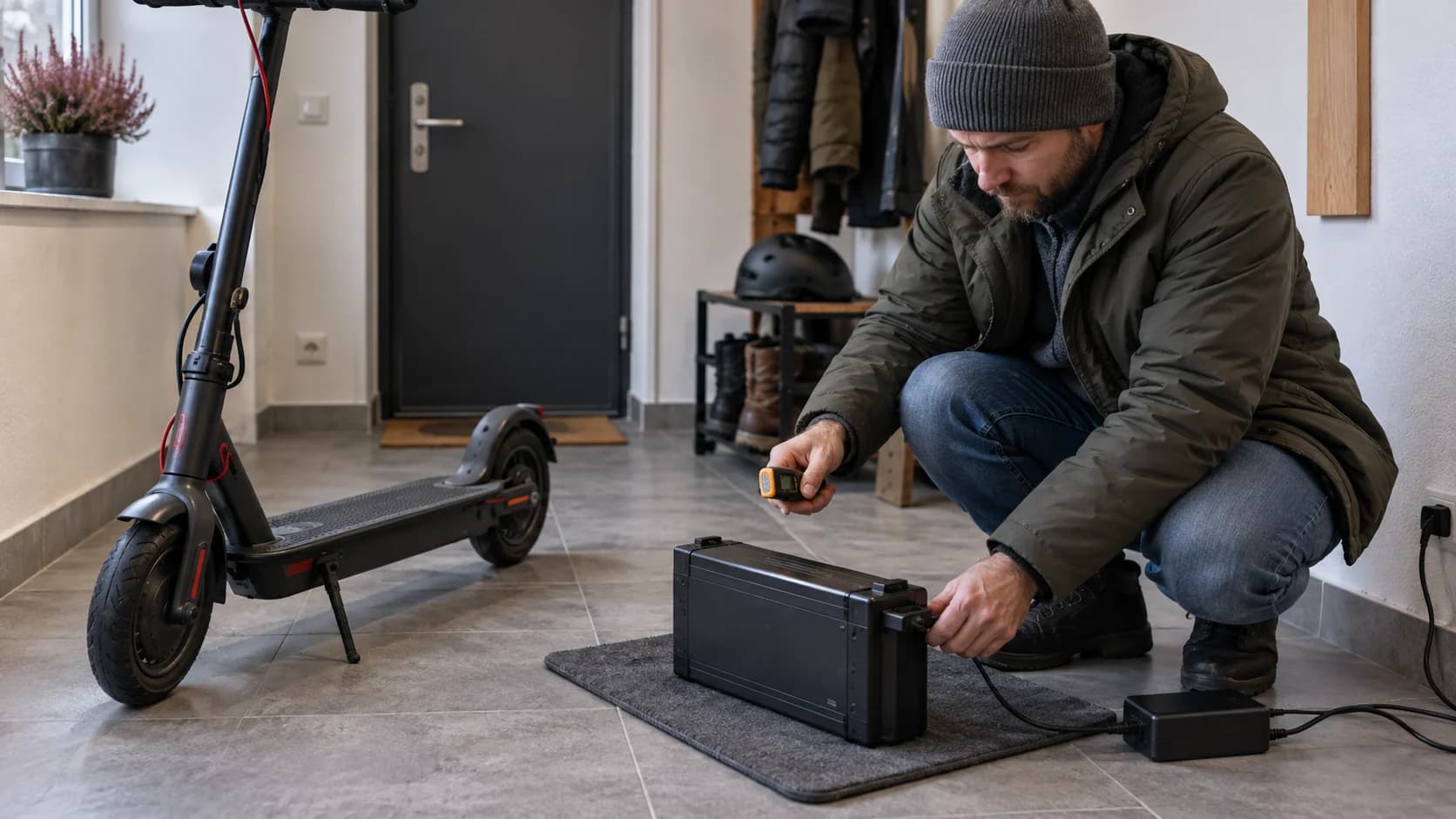Baterie detașabilă de scuter electric încărcată pe o suprafață sigură la interior