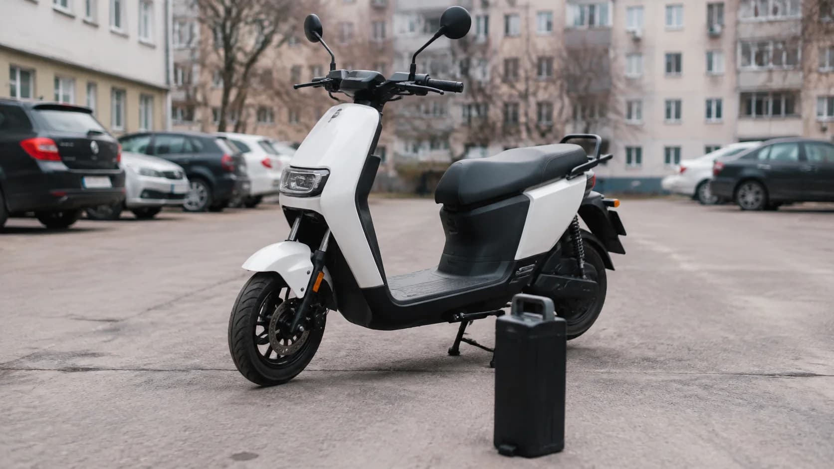 Baterie detașabilă de scuter electric așezată lângă un scuter într-o parcare de bloc