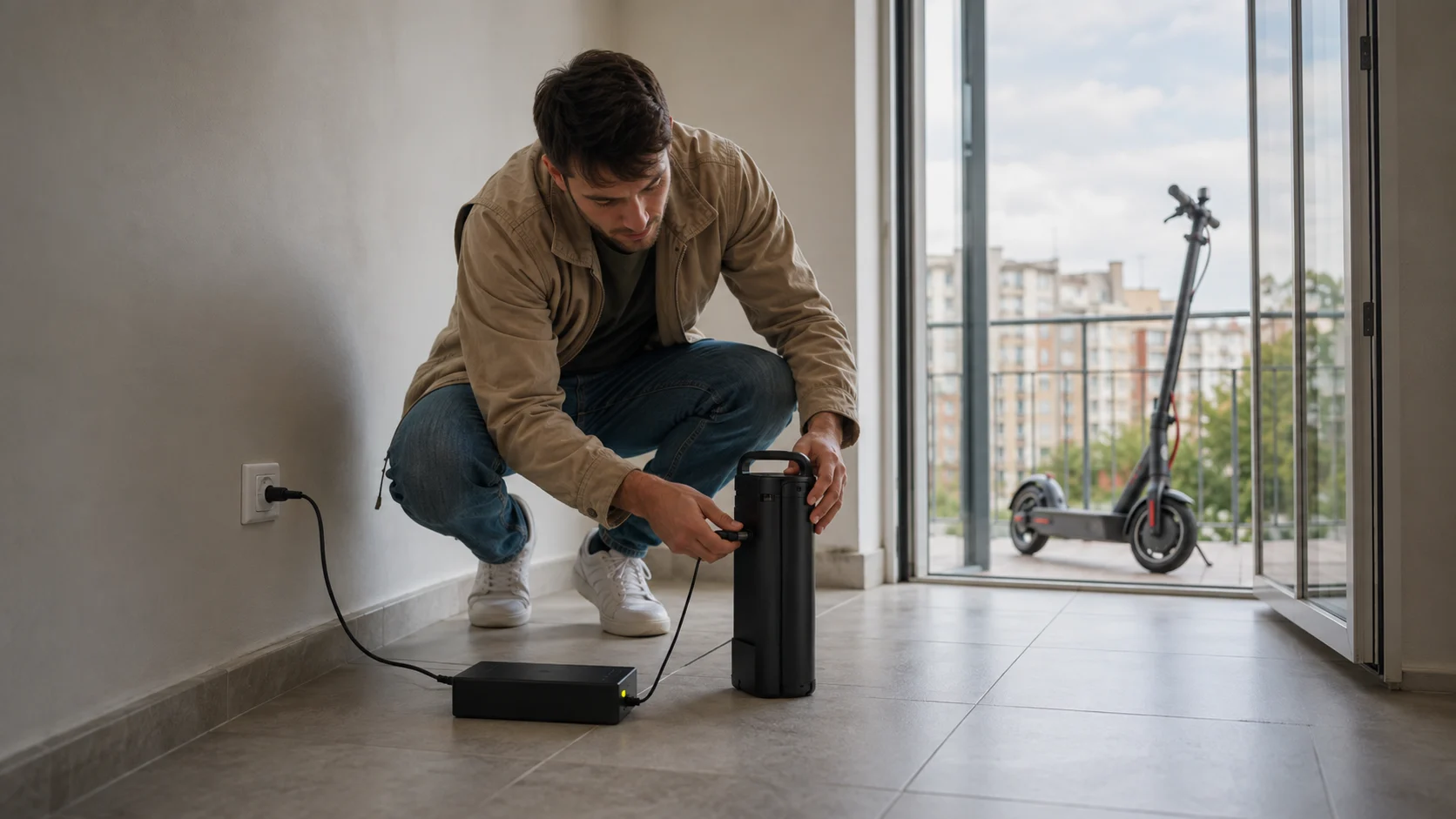 Baterie detașabilă de scuter electric încărcată într-un apartament lângă o priză sigură