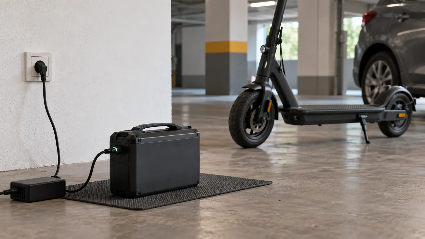 Baterie detașabilă de scuter electric încărcată într-un garaj rezidențial