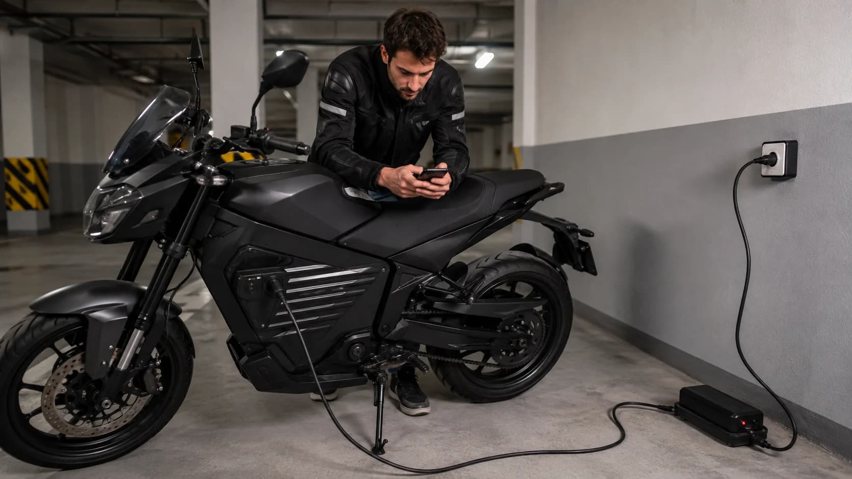Motocicletă electrică încărcată într-un garaj de bloc, cu cablu așezat sigur