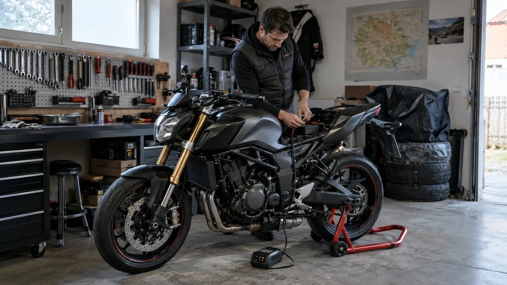 motocicletă în garaj cu bateria verificată și încărcător de întreținere