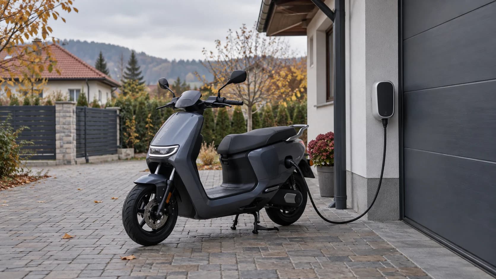 Scuter electric lângă un garaj, cu cablu de încărcare ordonat și podea uscată