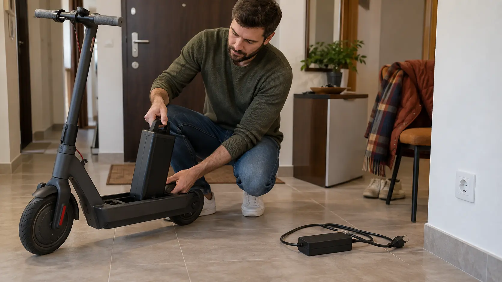 Baterie detașabilă de scuter electric pregătită pentru încărcare într-un hol de apartament