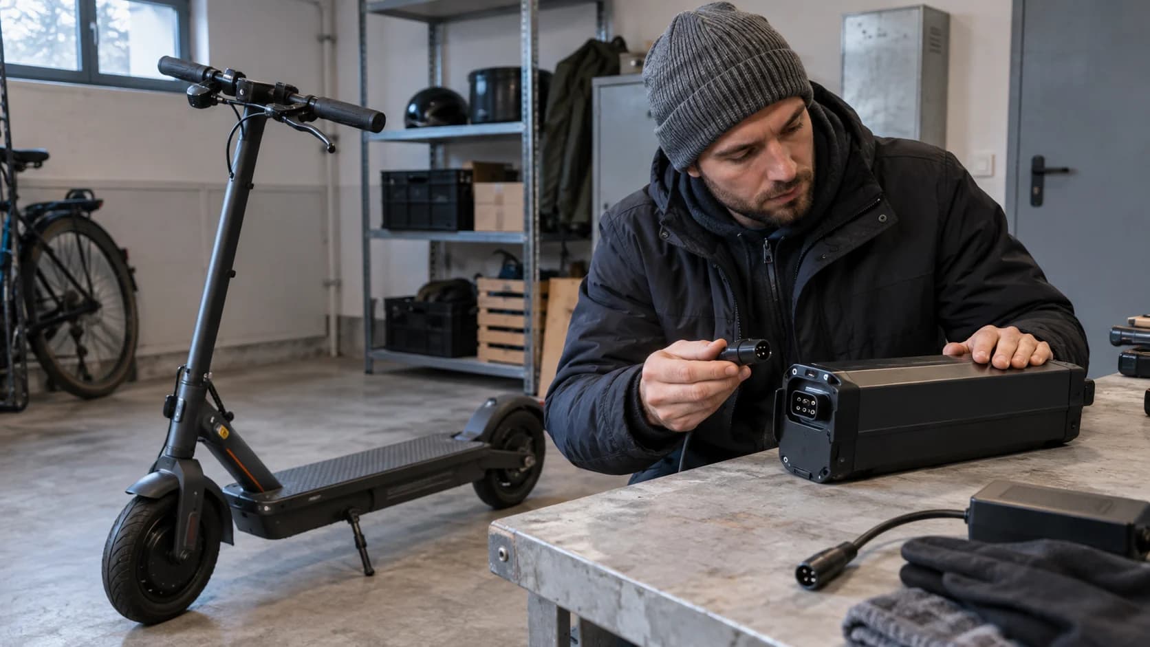 Baterie detașabilă de scuter electric verificată într-un spațiu interior