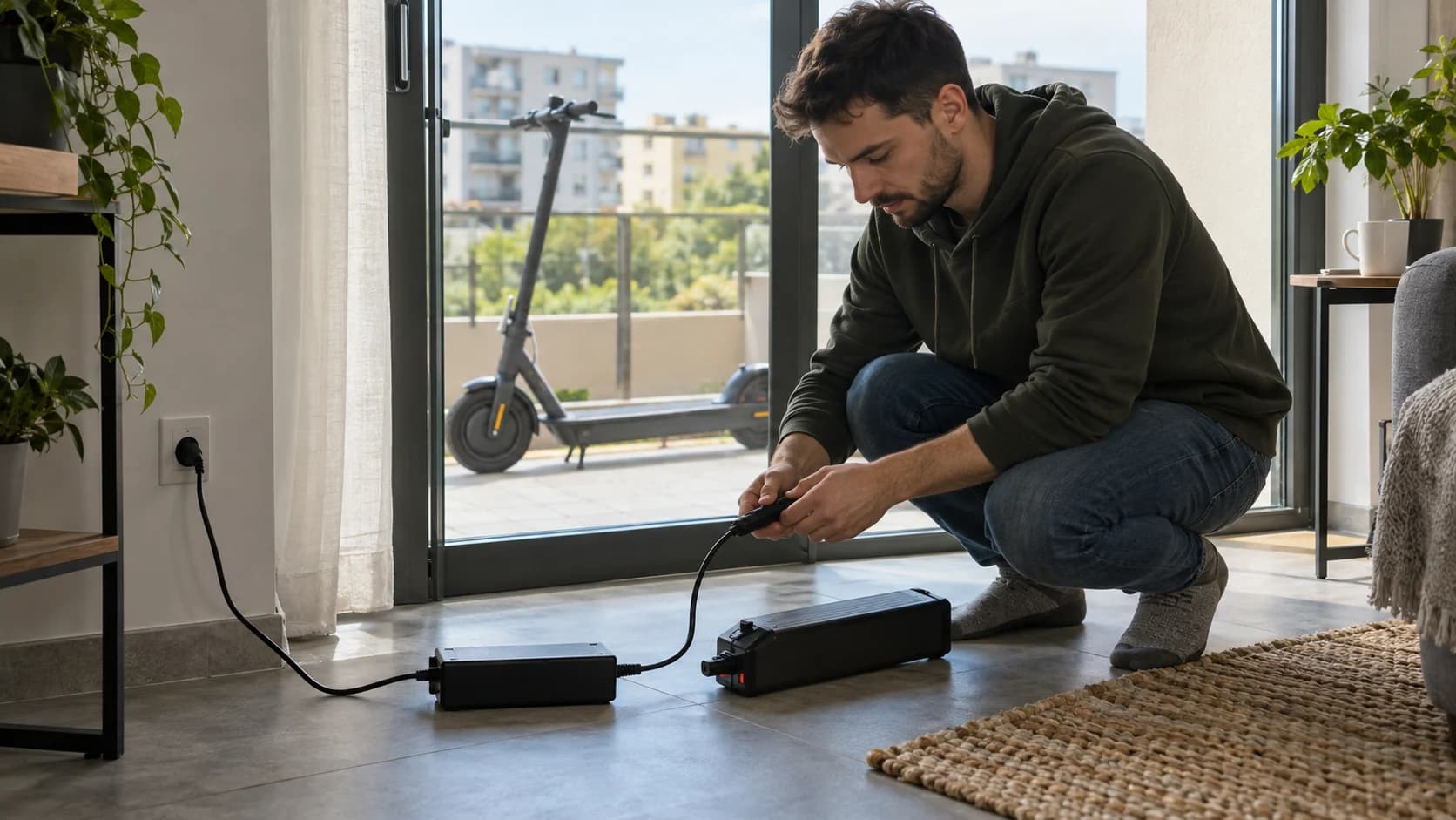 Baterie de scuter electric încărcată pe o suprafață dură într-un apartament