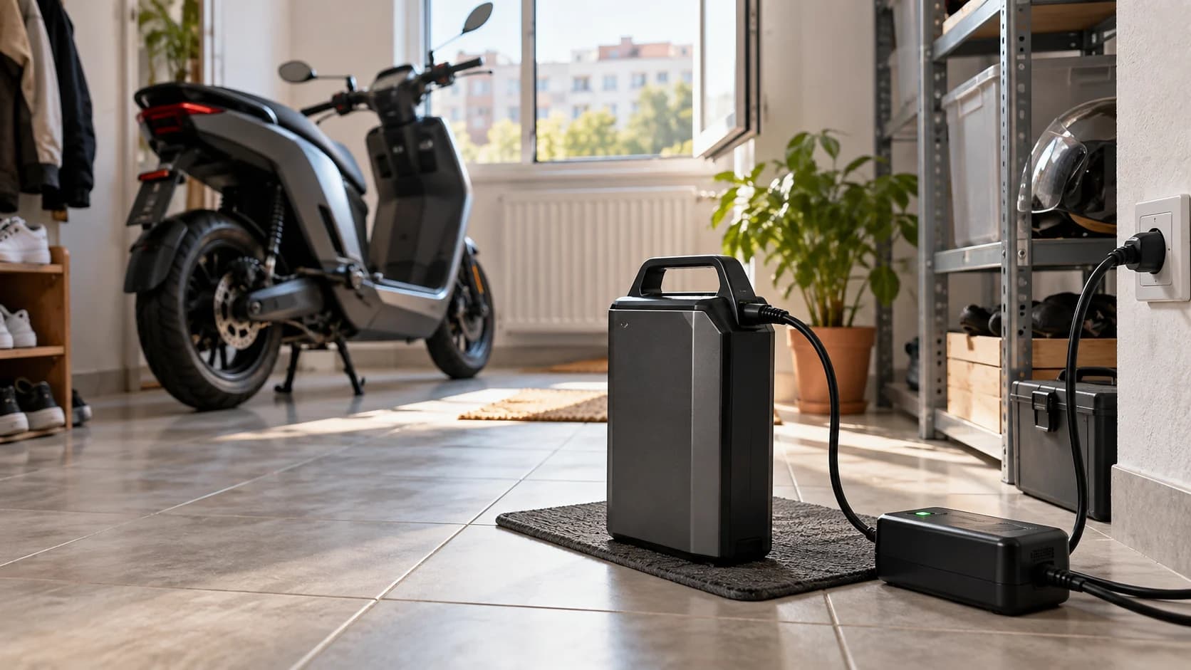 baterie detașabilă de scuter electric încărcată pe podea ceramică într-un apartament