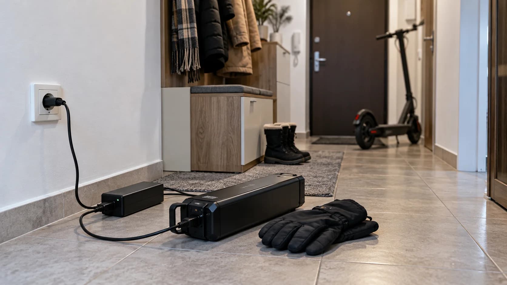 baterie detașabilă de scuter electric pusă pe podea lângă o priză într-un hol luminos