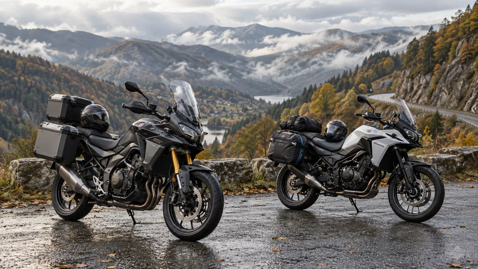 Două motociclete touring adventure parcate pe un drum montan umed