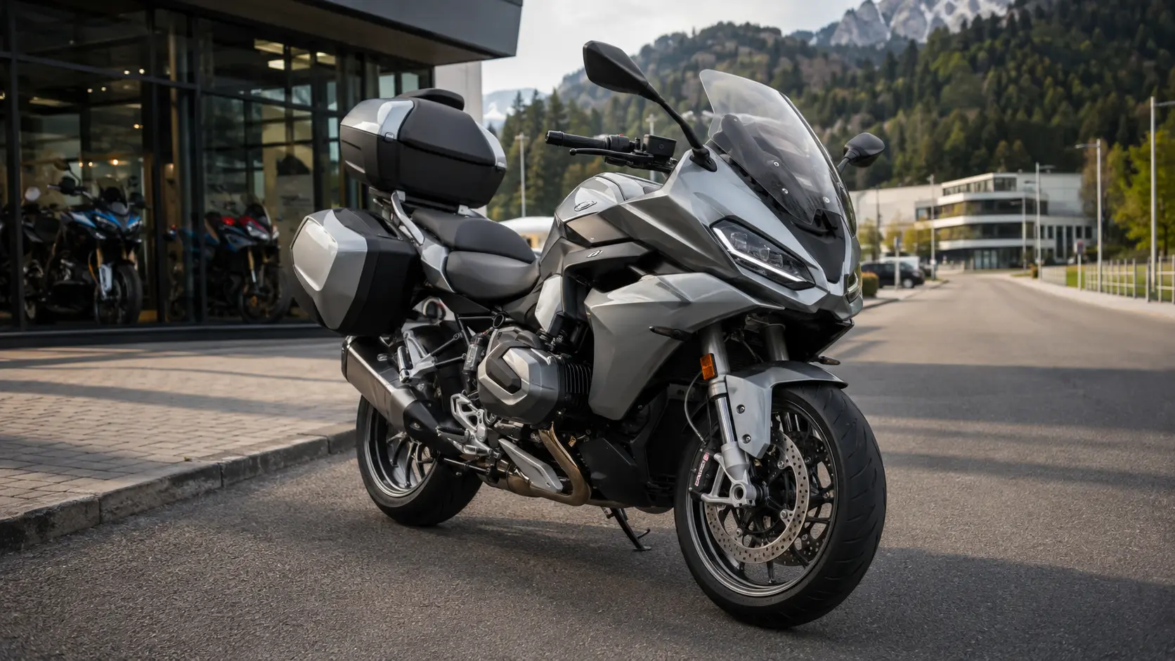 Motocicletă sport touring generică în fața unui dealer moto european