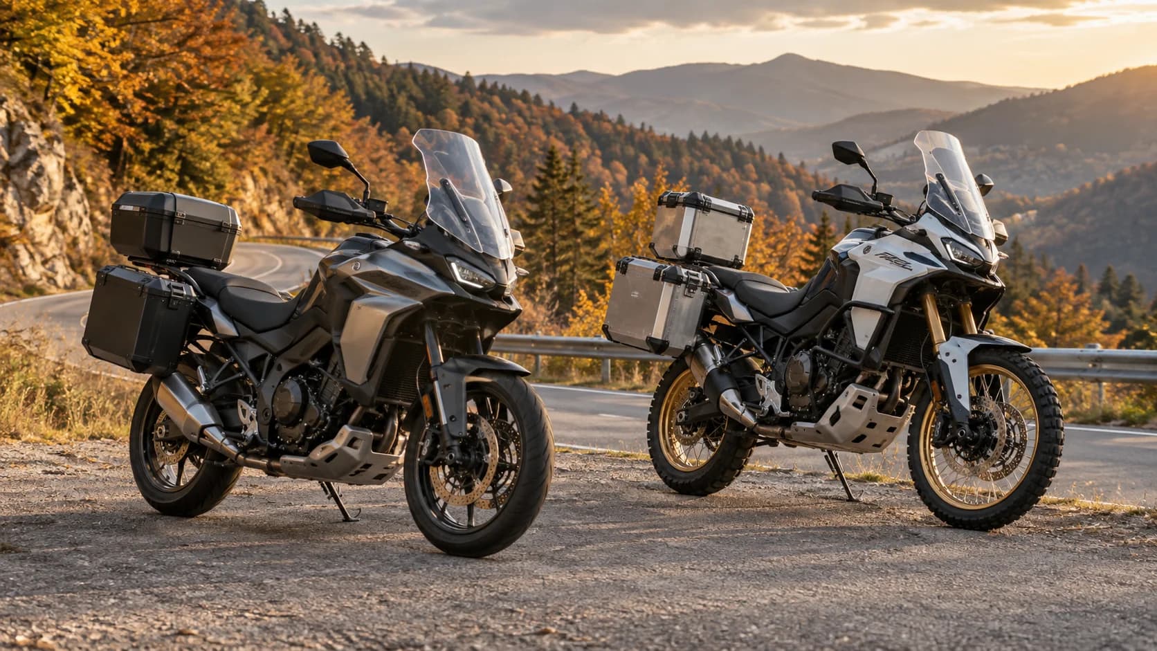 Două motociclete adventure mari parcate pe un drum montan toamna
