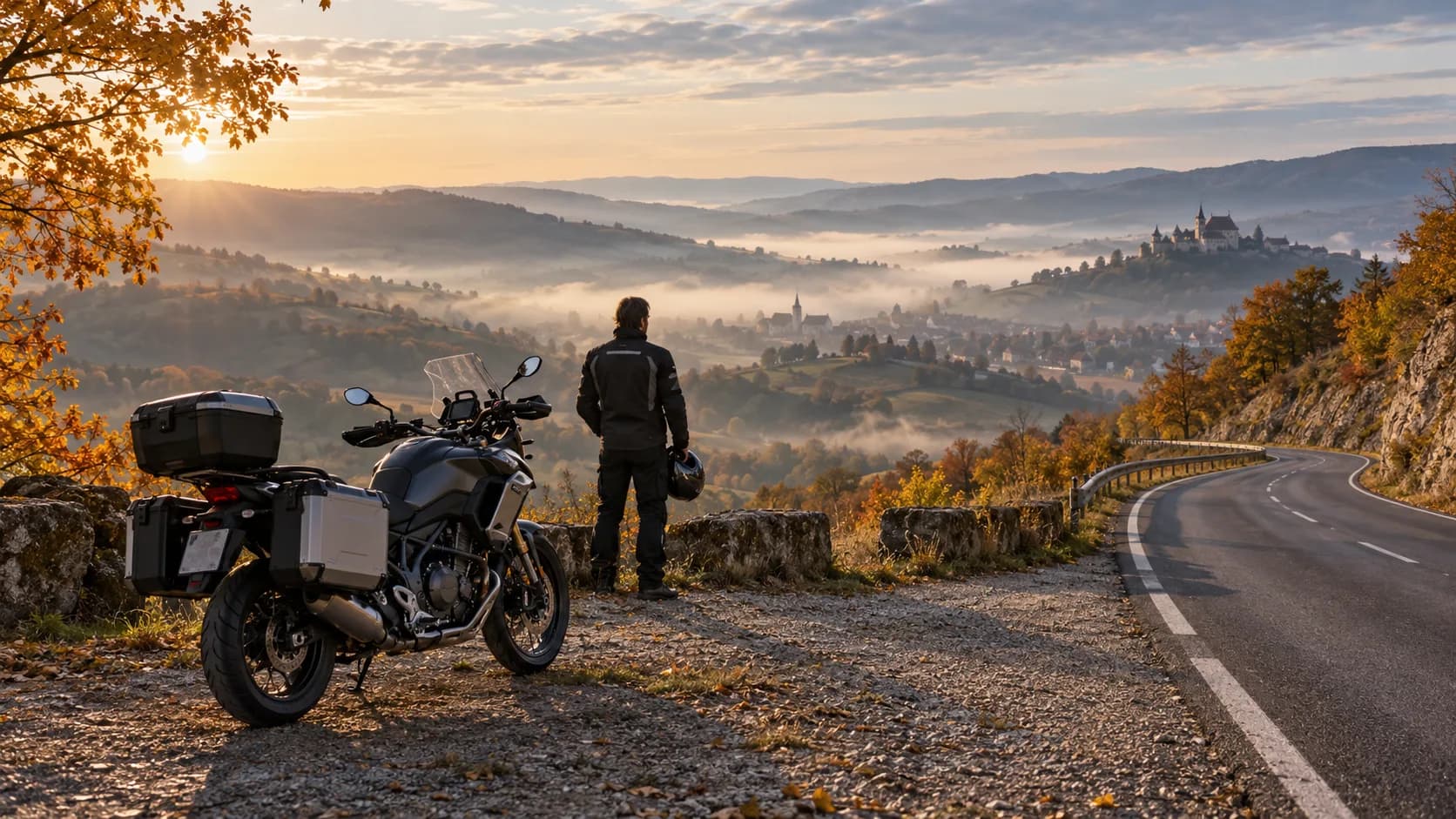 Motocicletă touring fără sigle pe un drum transilvănean de toamnă între dealuri, lumină joasă realistă