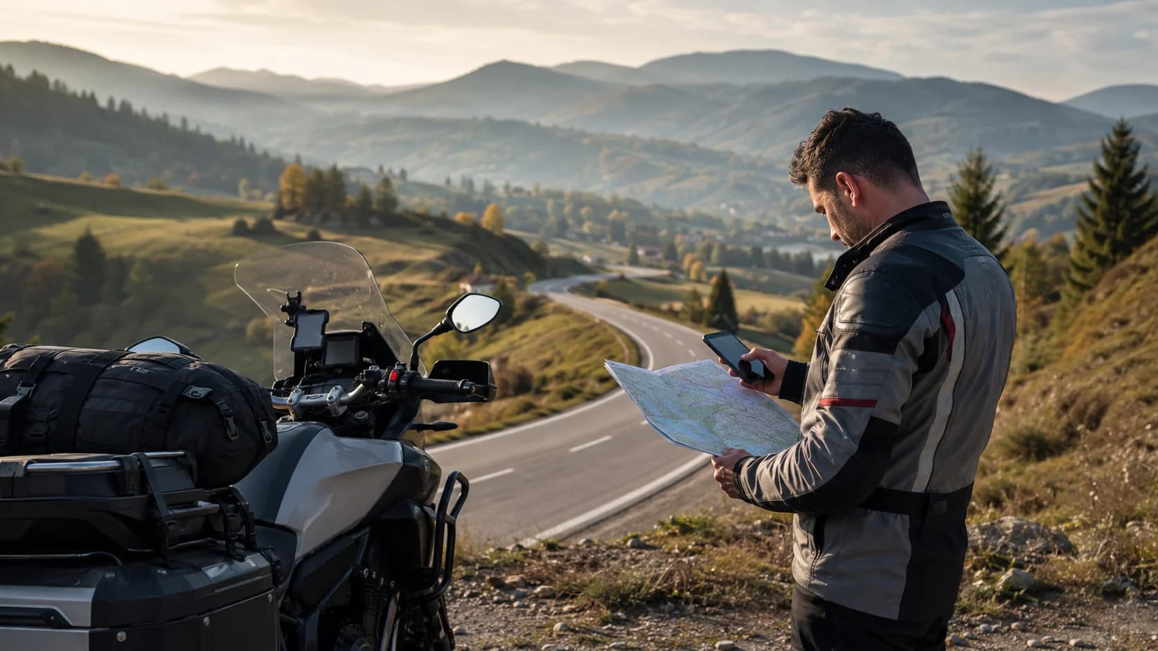 Motociclist consultând harta pe un drum de deal din Bucovina toamna