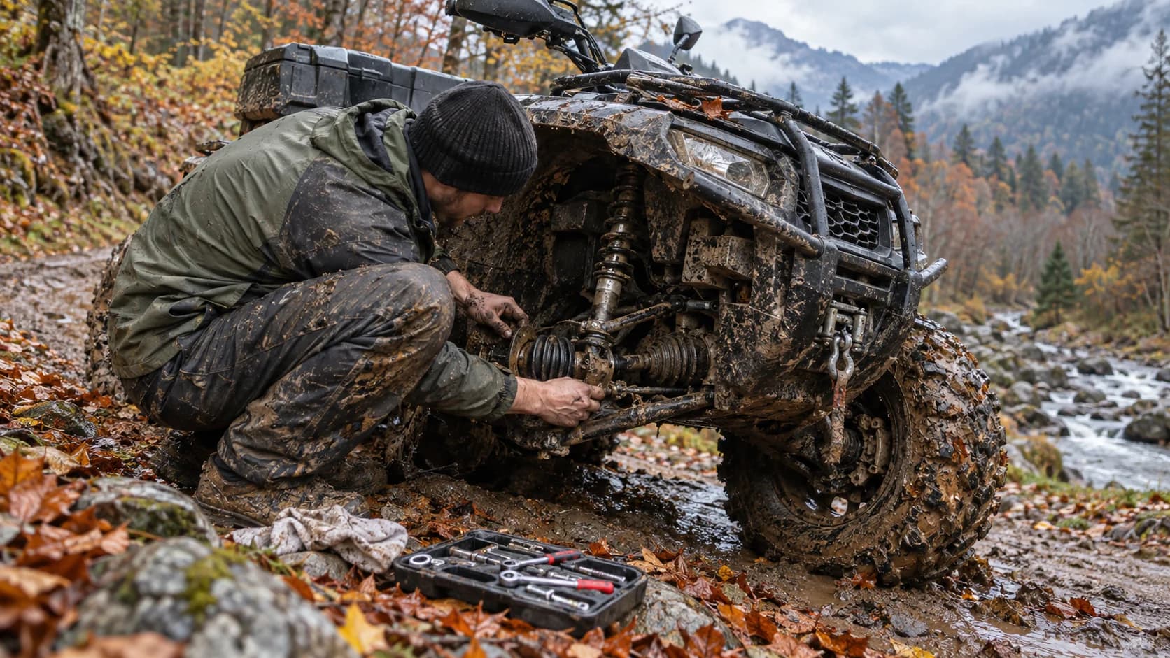 ATV murdar pe un drum forestier, cu articulațiile față verificate după noroi