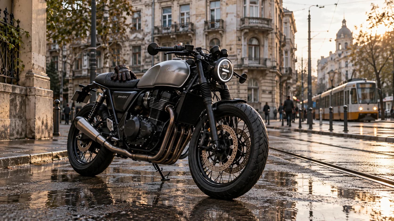 motocicletă cafe racer modernă parcată pe asfalt ud lângă linii de tramvai