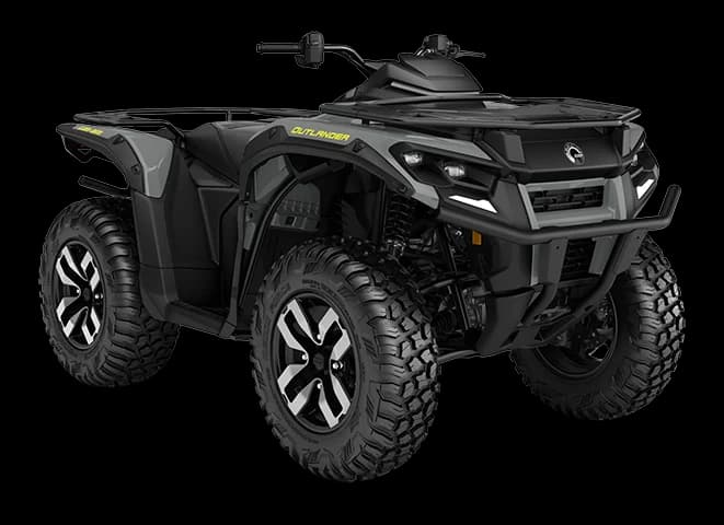 Can-Am Outlander Electric gri, fotografiat din trei sferturi, pe fundal neutru
