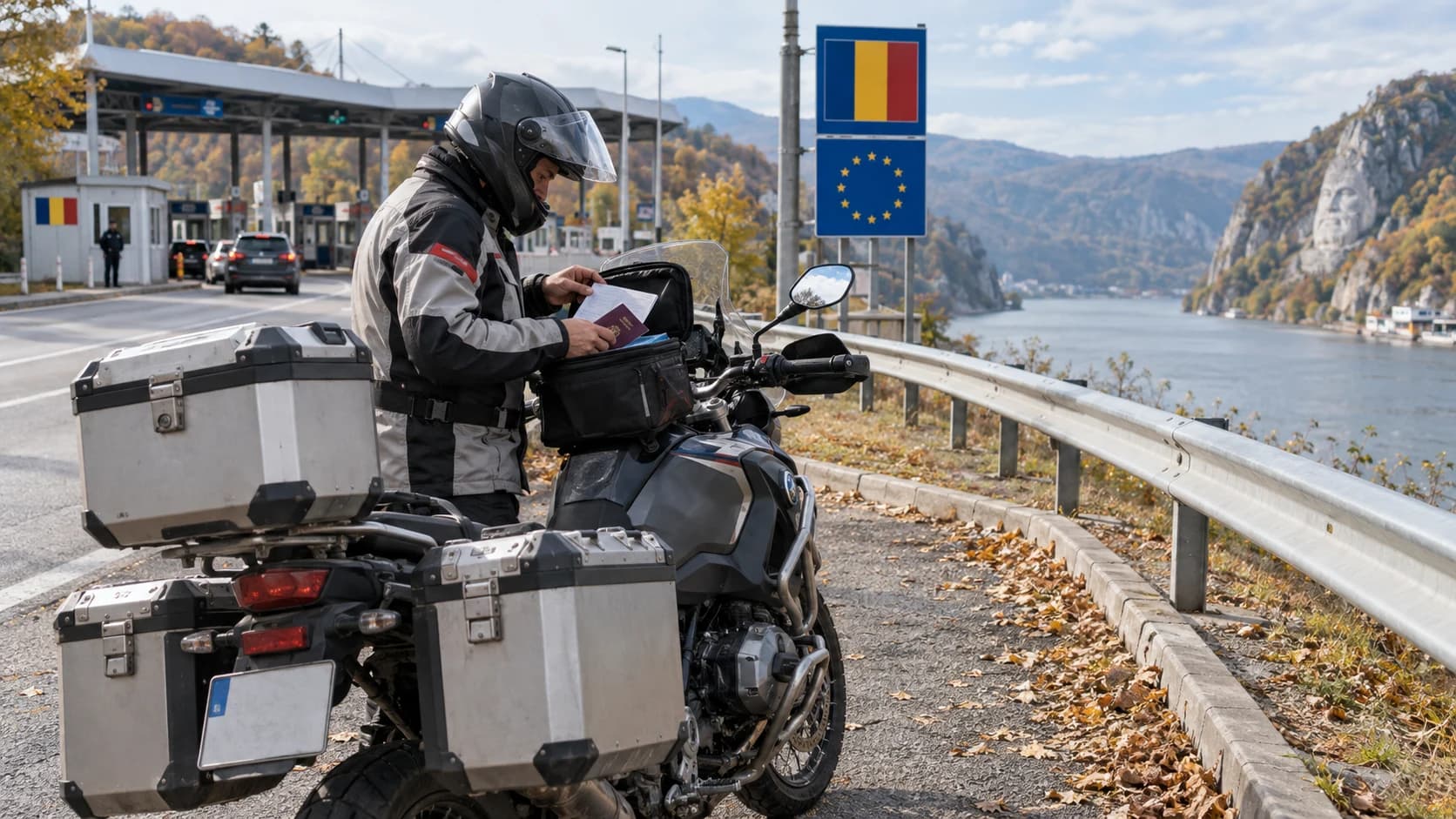 Motociclist verifică actele de călătorie lângă o motocicletă touring la frontieră