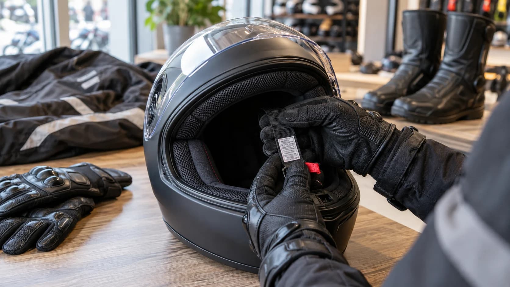 Cască moto fără sigle verificată pe eticheta de la chingă într-un magazin de echipament