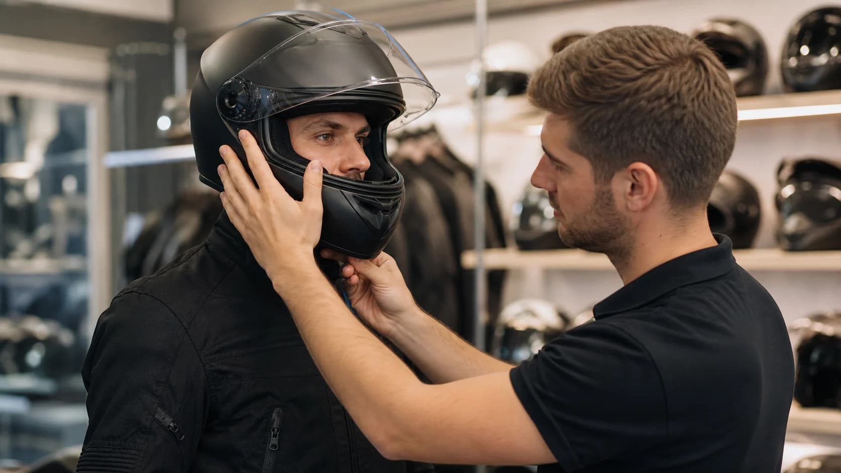 Motociclist probând o cască integrală, cu potrivirea verificată într-un magazin de echipament