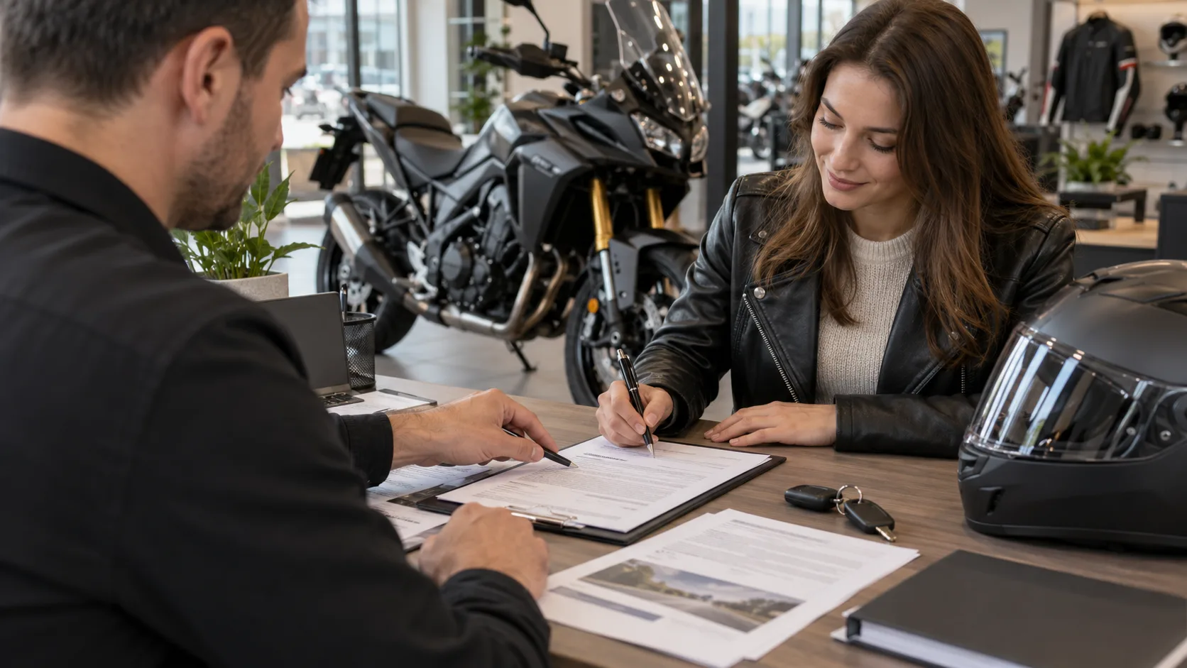 Motocicletă nouă fără sigle într-un showroom discret, cu dosar de acte și cheie pe birou, foto realistă
